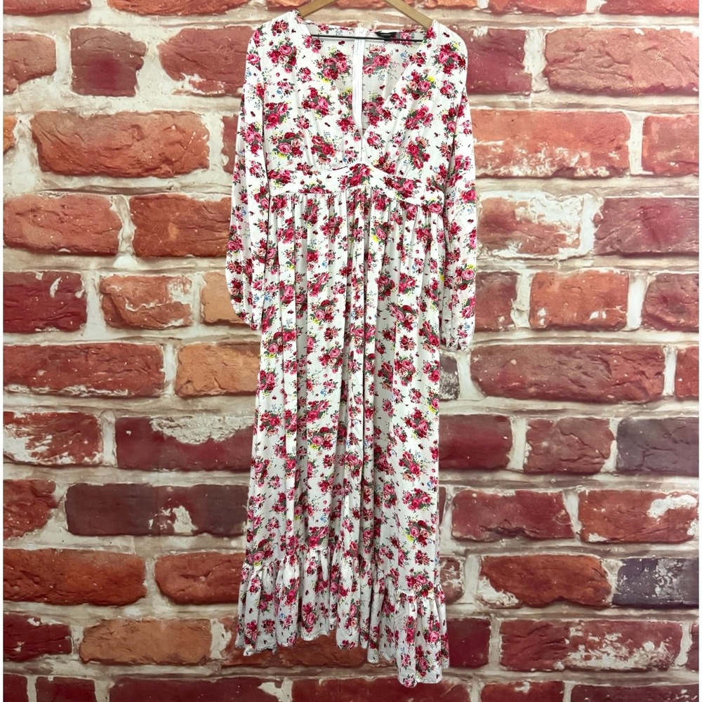Floryday Dress Womens Large White Multicolor Chic Cottage Floral Prairie Peasant